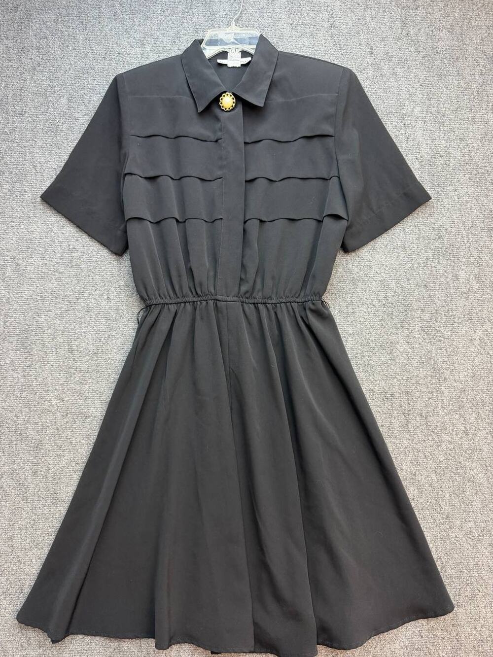 Vintage Hana Sung Black Shirt Dress Size 12 Pleated Gold Button Korea 37 in